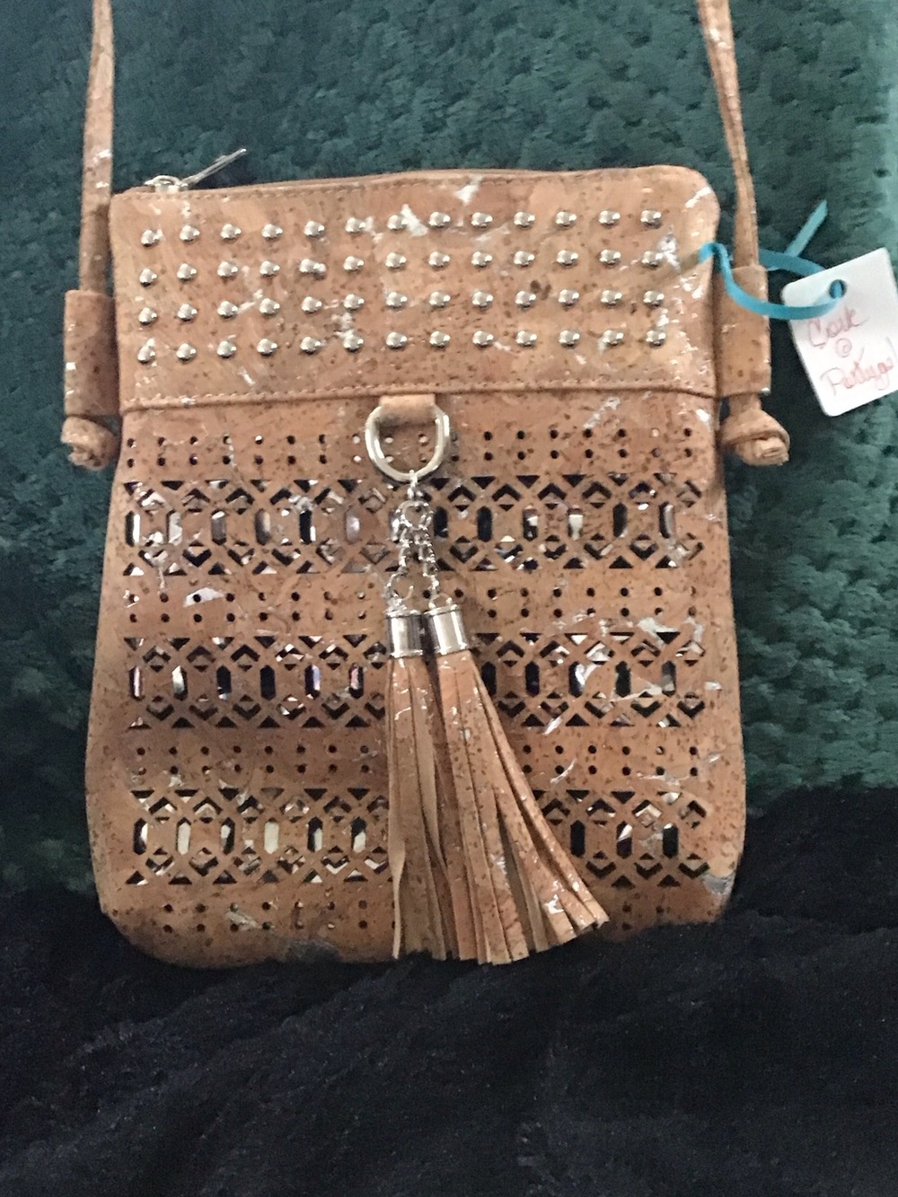 Cork from Portugal Tassel Studded Laser-Cut Crossbody Bag - Tan